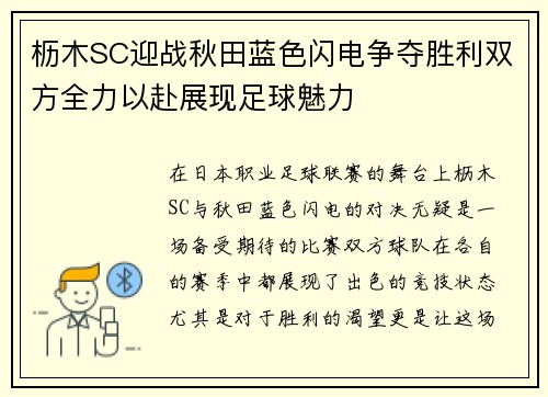 枥木SC迎战秋田蓝色闪电争夺胜利双方全力以赴展现足球魅力